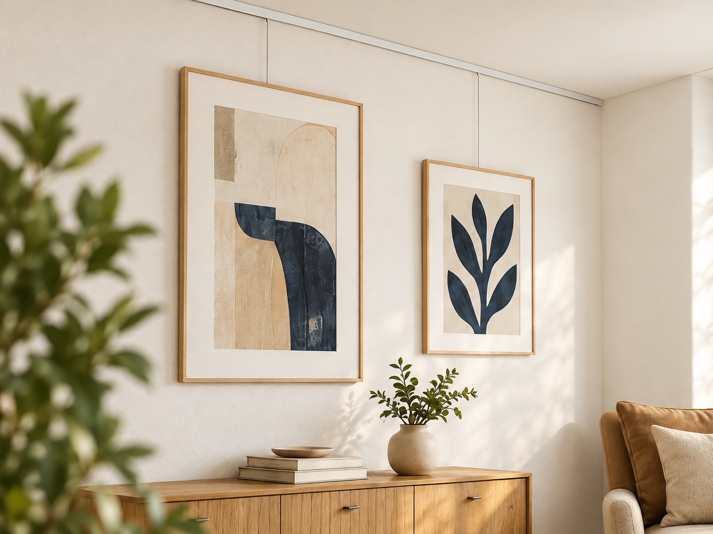 Tableaux suspendus dans un intérieur chaleureux